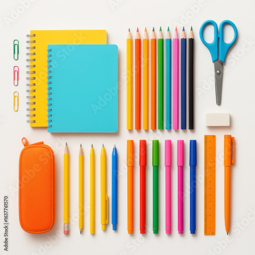 Flat lay of colorful school supplies on white background