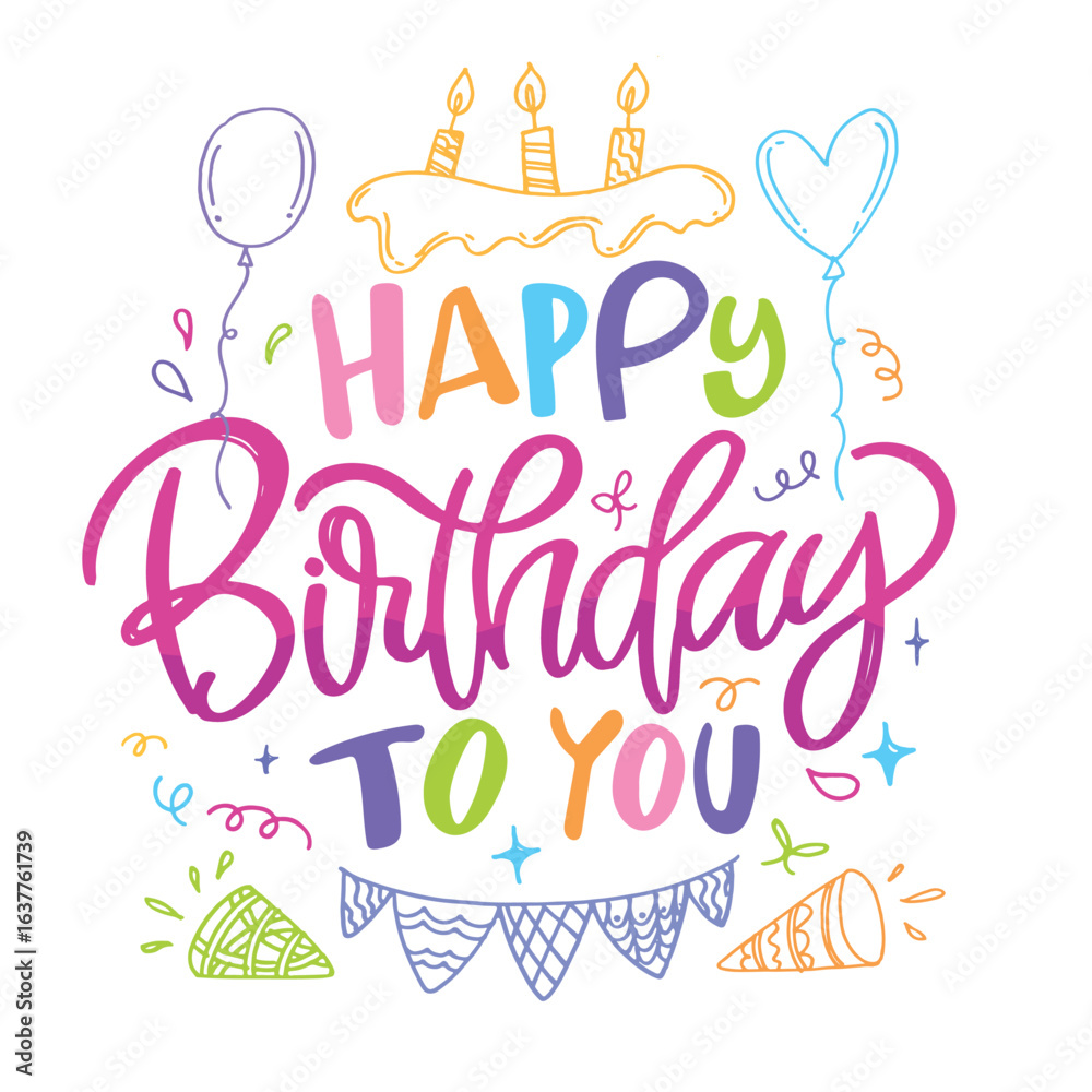 Obraz premium Happy Birthday - trendy hand drawn doodle lettering postcard. Birthday Party vector. T-shirt design, Mug print.