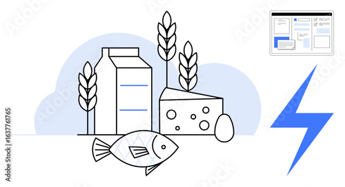 Milk carton, cheese, fish, egg, and wheat with a lightning bolt and screen for technology. Ideal for sustainability, energy, food industry, eco-consciousness agriculture nutrition and innovation