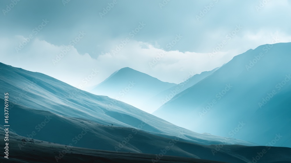 Fototapeta premium Serene Mountain Range Landscape with Fog and Dramatic Cloudy Sky in Blue Tones