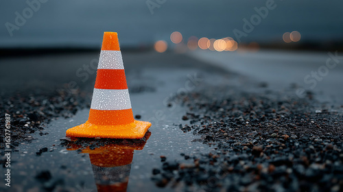 Orange white striped traffic cone positioned against transparent surface, signaling roadway safety warning 