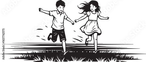 Children running happily hand in hand, black and white illustration