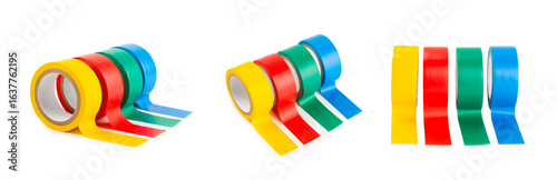 Insulating tape on a bright colored background. Set of different colors insulating tape. Reel insulating tape. Construction tools. Electrician tools. A piece of scotch tape. Space for text.Copy space.