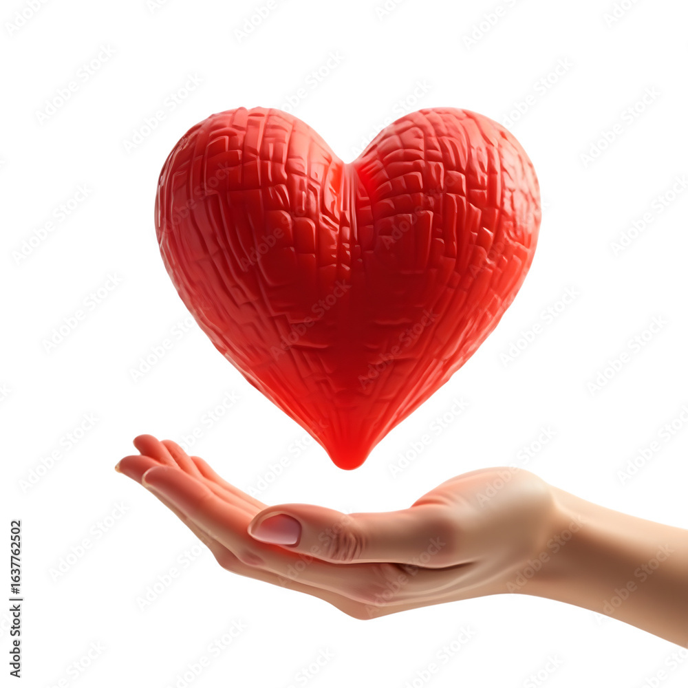 Fototapeta premium A caring woman's hand holding a floating red textured heart, a symbol of love, health, and charity isolated on a white background.