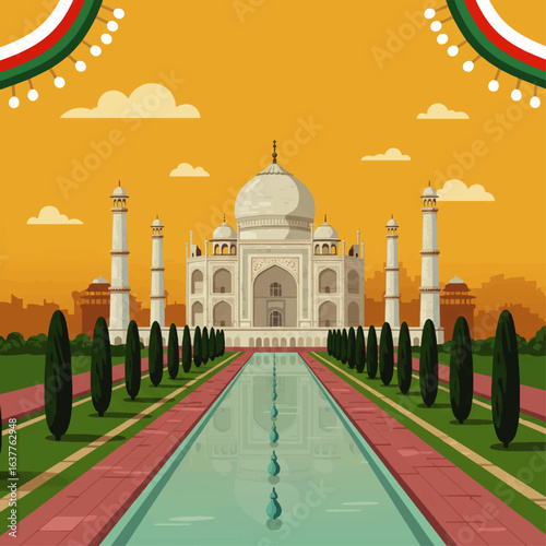 Illustration of the Taj Mahal with reflecting pool, trees, and garland decorations against a warm yellow sky.