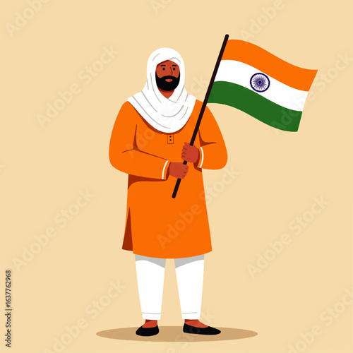 A person wearing a hijab and orange kurta holding the Indian flag.