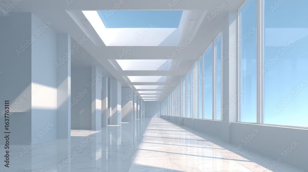 Obraz premium Bright Modern Interior with Sky View: Clean Architecture Design for Commercial and Residential Spaces