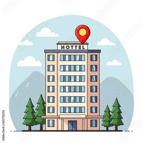 A stylized illustration of a hotel building with a location marker, nestled in a mountainous landscape.