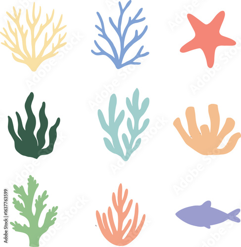 Vector collection set of colored corals and seaweeds silhouettes. Underwater plants, sea kelp, starfish, hand drawn doodle style for asset, design, children book, material