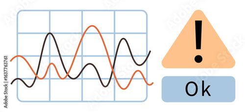 Line graph with fluctuating trends beside a warning icon and OK signal. Ideal for analytics, data tracking, forecasting, risk assessment, business strategy, monitoring, alerts. Simple flat metaphor