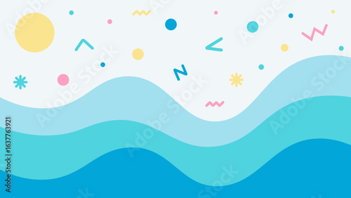 Abstract summer background with stylized ocean waves and sun. Minimalist flat design illustration of a sea landscape for travel, vacation or holiday concepts. Vector graphic banner
