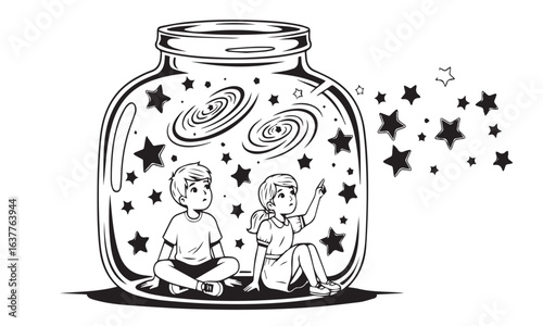 Children inside a jar with stars and galaxies, black and white illustration