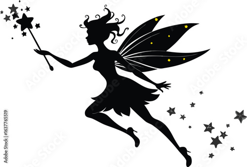 This collection of black and white images depicts illustrations of fairies, often shown with wings and in whimsical poses