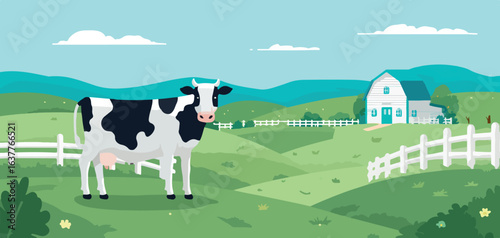 Holstein Cow on Pasture with Farmhouse, Rural Landscape Vector