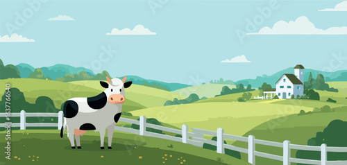 Holstein Cow on Pasture with Farmhouse, Rural Landscape Vector