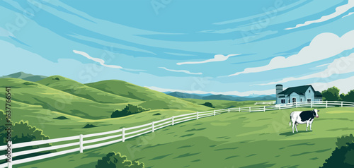 Holstein Cow on Pasture with Farmhouse, Rural Landscape Vector