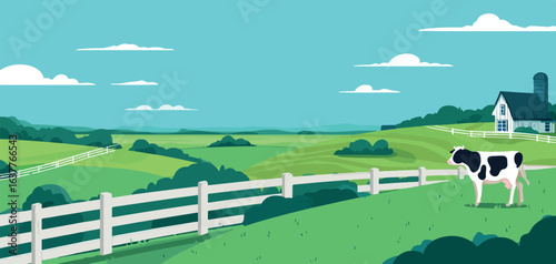 Holstein Cow on Pasture with Farmhouse, Rural Landscape Vector