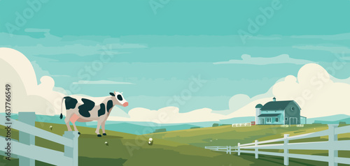 Holstein Cow on Pasture with Farmhouse, Rural Landscape Vector