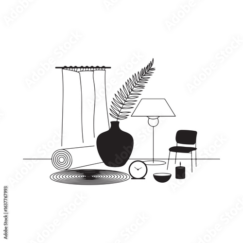 Minimalist Black and White Still Life Composition with Vase Lamp and Chair