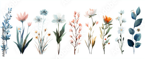 Watercolor Flowers on white. Floral watercolor style create branding, invitations, and posters.