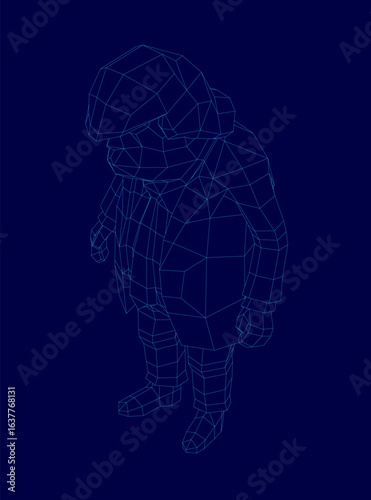 A low poly wireframe illustration of a man resembling Trump in a suit and tie, set against a solid blue background. The geometric design features intricate polygonal details.