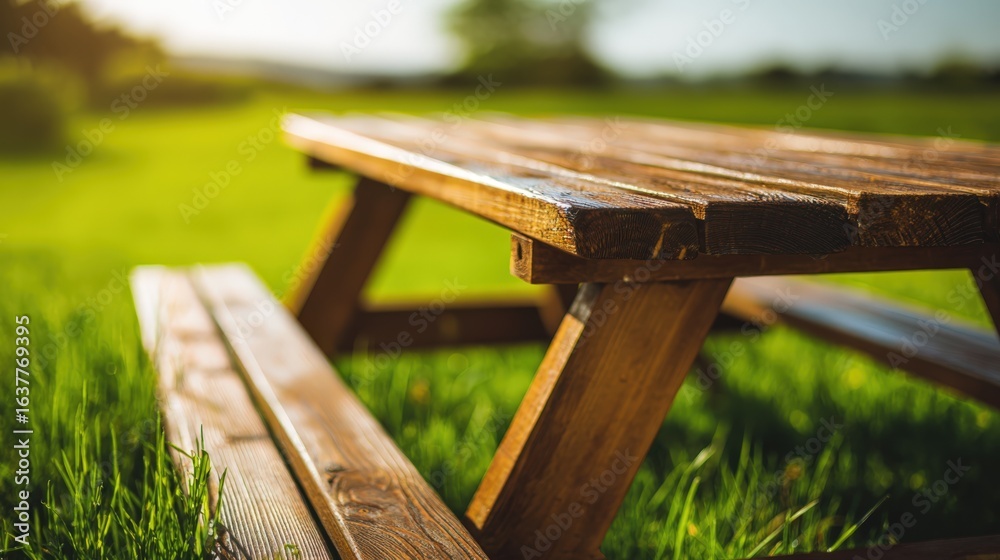 Fototapeta premium Wooden Picnic Table on Green Grass: Outdoor Leisure, Summer Relaxation, Backyard Setting