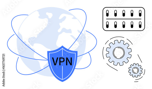 Globe with orbit lines, blue shield labeled VPN, server grid, and interconnected gears. Ideal for cybersecurity, technology, privacy, data protection, online safety system optimization internet