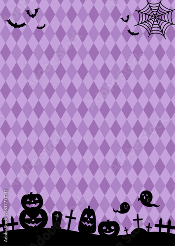 かぼちゃや墓や蝙蝠のシルエットのかわいいハロウィン背景イラスト（紫色・縦）