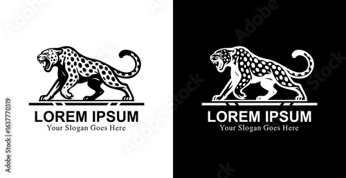 The logo design features a sleek, spotted cheetah, depicted in a forward stance, with an alert expression and its tail arched upward. The bold black lines create a strong and professional impression