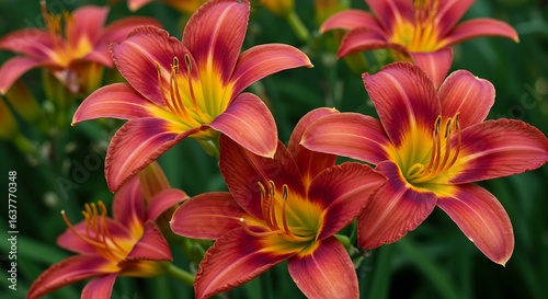 Scenic view of a closeup shot of red and yellow daylily flowers - hemerocallis