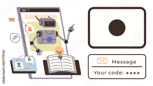 Robot with outstretched arms on a smartphone interface alongside open book, notification icons, translation elements, and a verification code entry section. Ideal for technology, automation