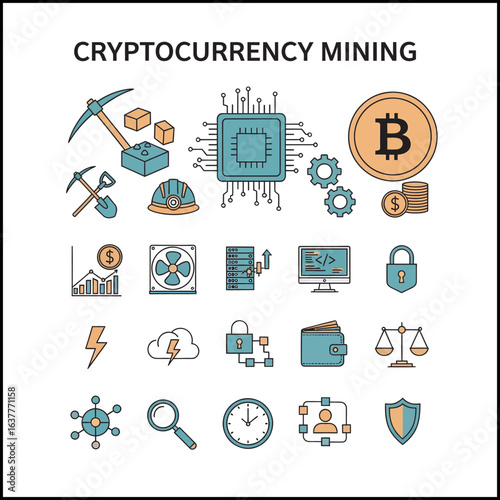 Cryptocurrency mining infographic illustrating digital currency extraction, hardware, and security.