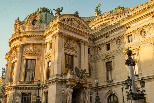 exterior facade of the Opéra Garnier , concert hall in Paris, France