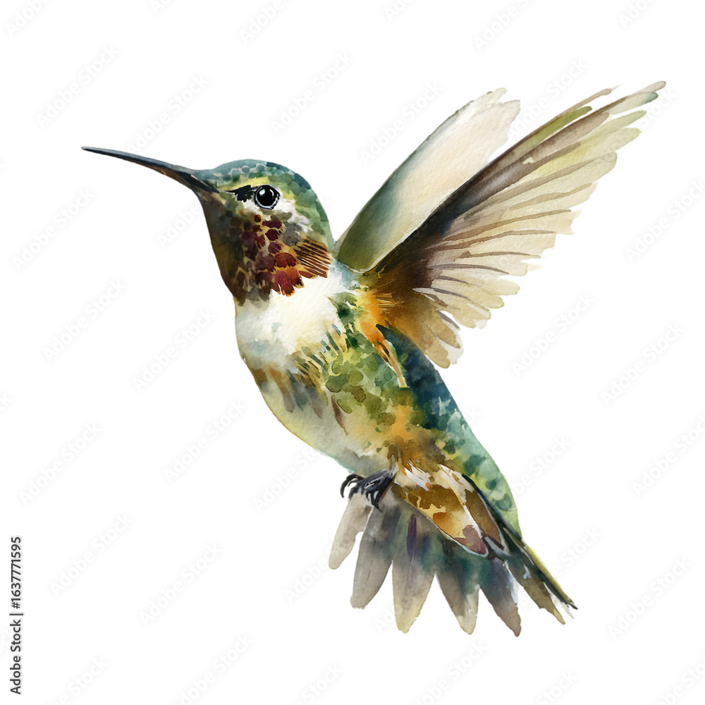 Fototapeta premium Beautiful ruby throated hummingbird in mid flight with wings extended isolated on transparent background