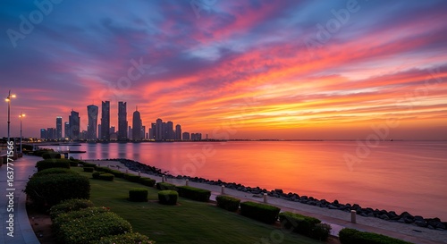 A view of the sunset on the coast in Doha, Qatar in vivid detail
