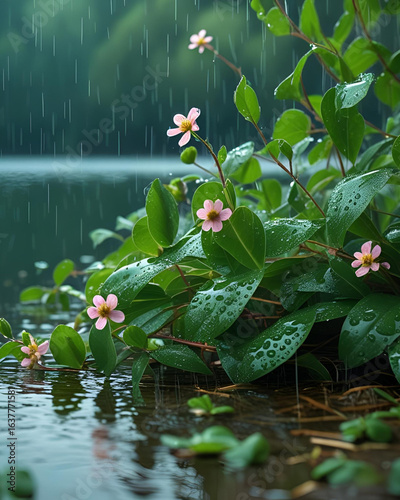 rain on yellow floating heart, water plants, pond flowers, aquatic plants, rainy day, nature beauty, wet petals, fresh rain, blooming water flowers, floating leaves, water surface, serene scene, peace