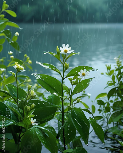 rain on yellow floating heart, water plants, pond flowers, aquatic plants, rainy day, nature beauty, wet petals, fresh rain, blooming water flowers, floating leaves, water surface, serene scene, peace