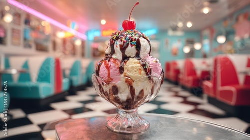 Decadent Ice Cream Sundae in Diner: A towering ice cream sundae, adorned with a cherry on top, takes center stage in a classic diner setting with checkered floors and vibrant booths.