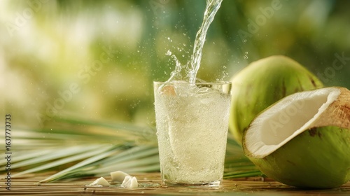 Tropical Refreshment: A captivating photograph of a glass being filled with refreshing coconut water from a fresh coconut, embodying the essence of a tropical paradise. A scene of pure refreshment.