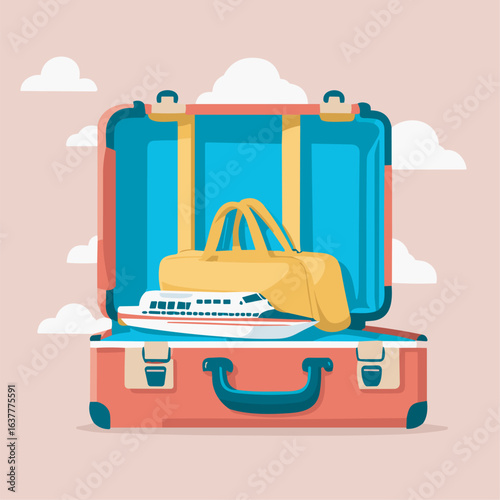Open suitcase packed for a cruise vacation with a ferry and duffel bag
