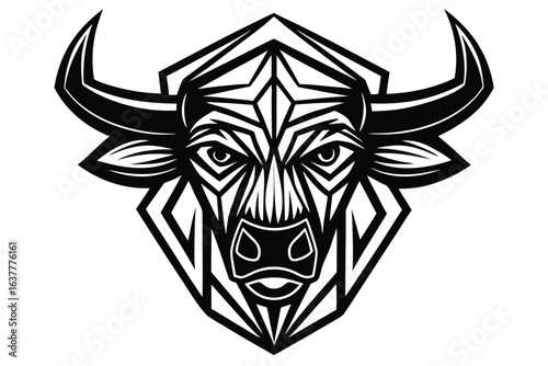 Geometric bull head with majestic horns showcases a stylized monochrome design perfectly