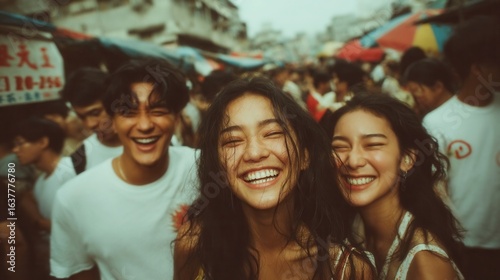 Group of joyful friends smiling, diverse young adults in a lively market setting, vibrant atmosphere, unity and connection.
