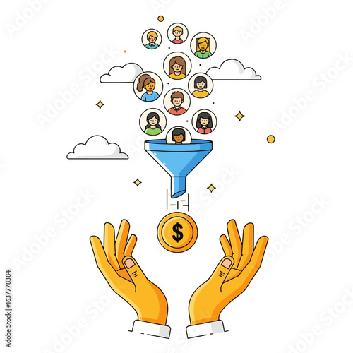 Customer Funnel with User Profiles and Dollar Coin, Business Conversion Concept Illustration