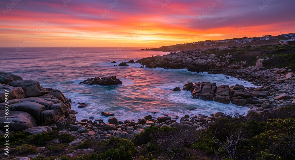 Fototapeta premium A beautiful sunset over a rocky coast, with waves crashing against the shore. Hermanus, Western Cape. in vivid detail