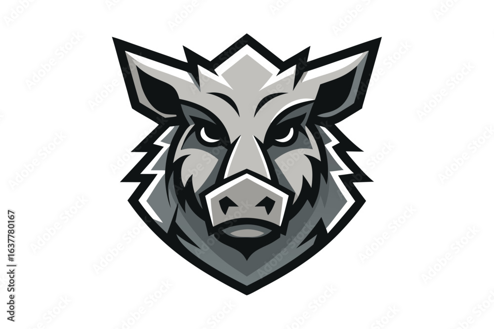 Obraz premium Bold boar emblem shows a fierce gaze, outlined in grayscale shades for dynamic presentation