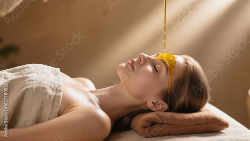 Relaxation and wellness spa experience with ayurvedic shirodhara oil therapy treatment.