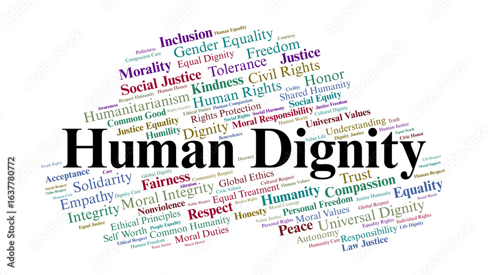 Fototapeta premium Human Dignity Word Cloud. Equality, Justice, Respect, And Human Rights Concepts
