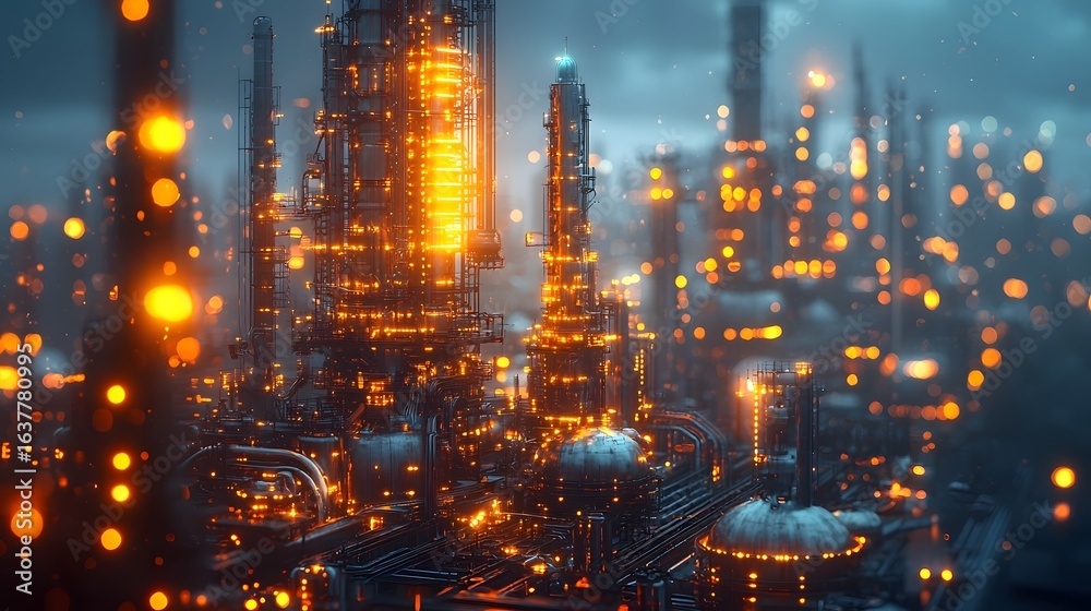 Fototapeta premium Futuristic industrial cityscape with glowing lights and advanced architecture