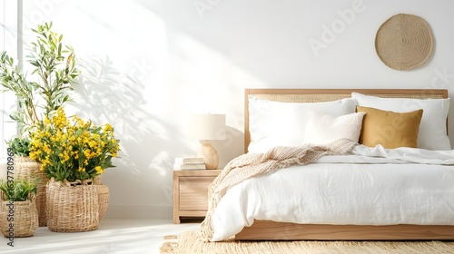 A peaceful minimalist bedroom setting with light colored bedding natural plants and clean white walls allowing for a serene and relaxing atmosphere