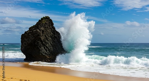 A stunning seascape featuring a powerful wave crashing against a large rock formation at the beach in vivid detail